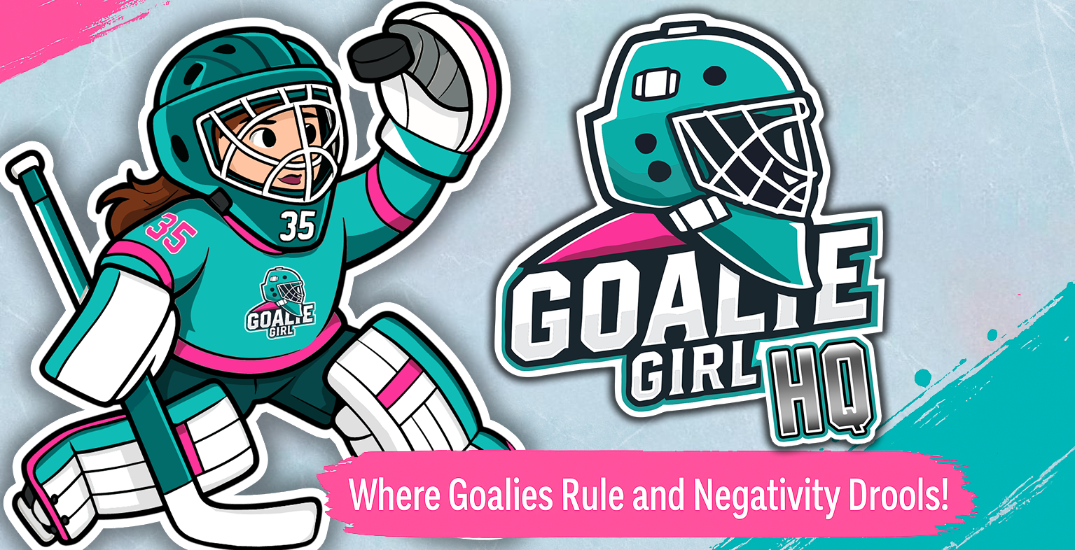 Cartoon Charlotte in goalie gear beside the Goalie Girl HQ logo