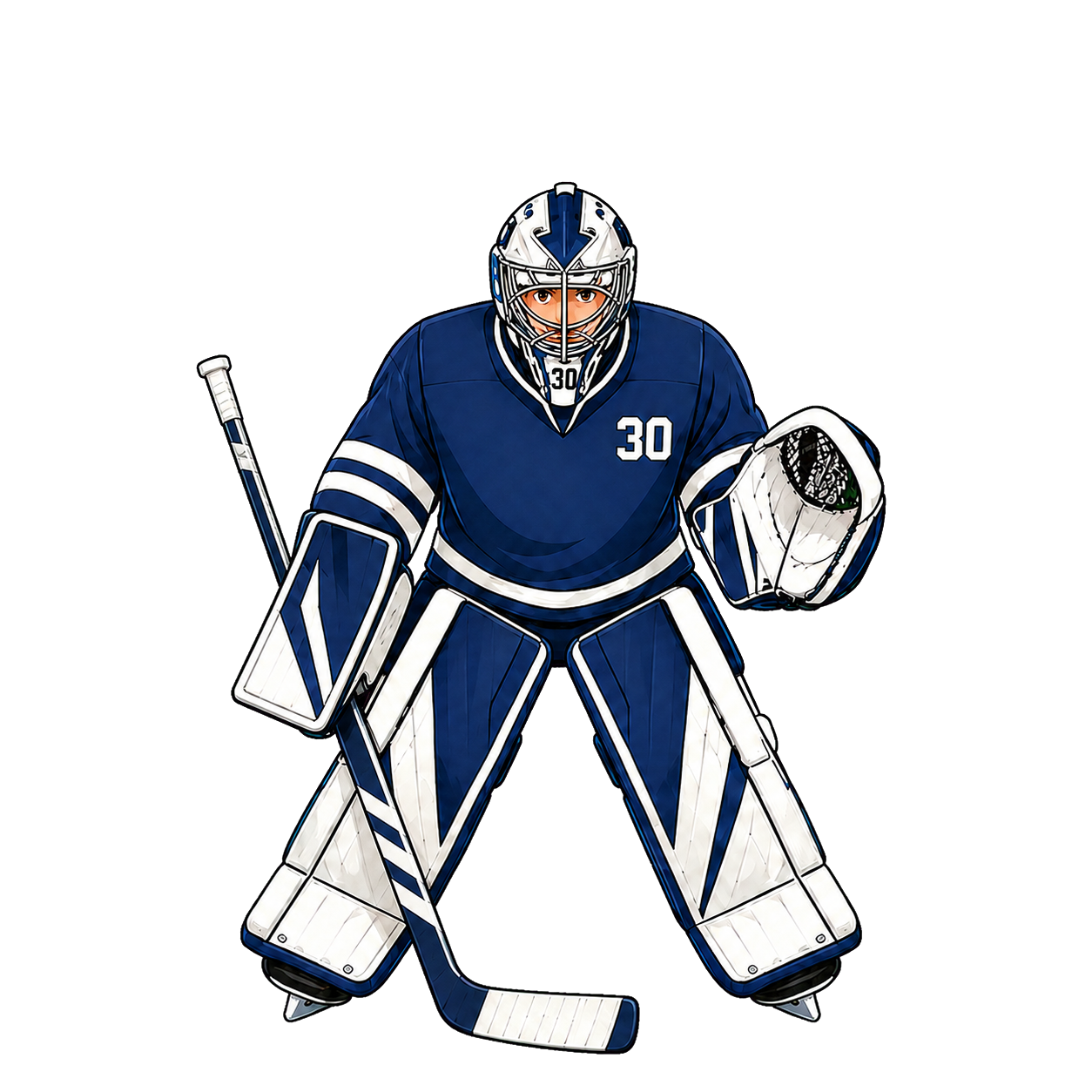 Cartoon goalie number 30 in navy and white gear